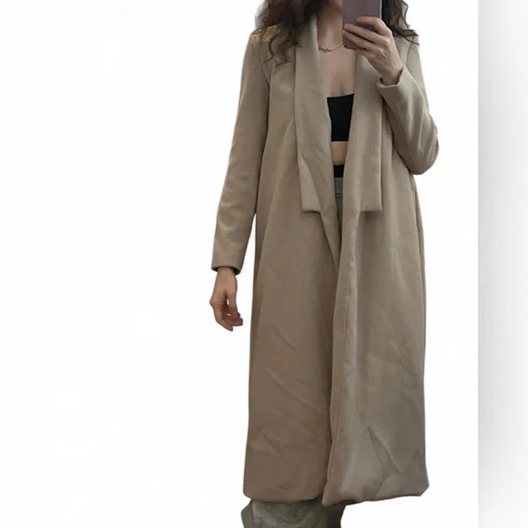 Boohoo Beige Long Open Front Duster Coat Size Small - Picture 3 of 9